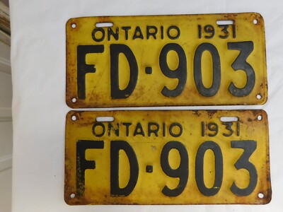 ONTARIO LICENSE PLATE 1931 SET PAIR VINTAGE CANADA TAG FD 903 RARE
