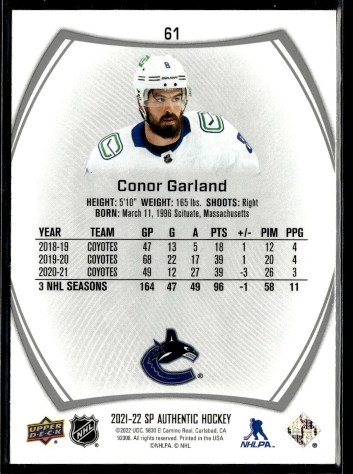 2021-22 Sp Authentic Conor Garland #61 - Image 2 of 2
