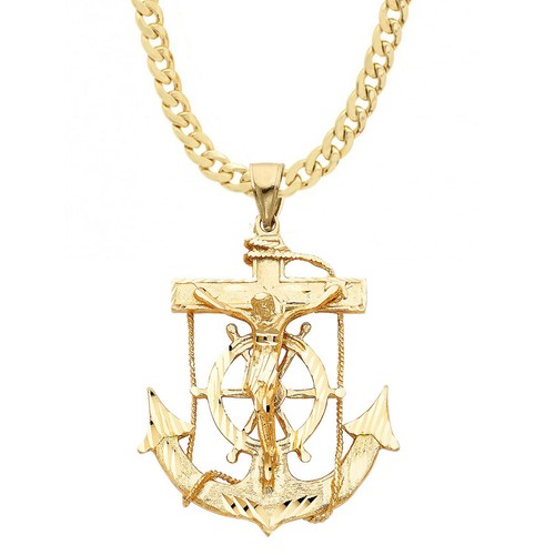 Dimaya 14k Yellow Gold Large Mariner's Cross Pendant with 3.2mm Cuban