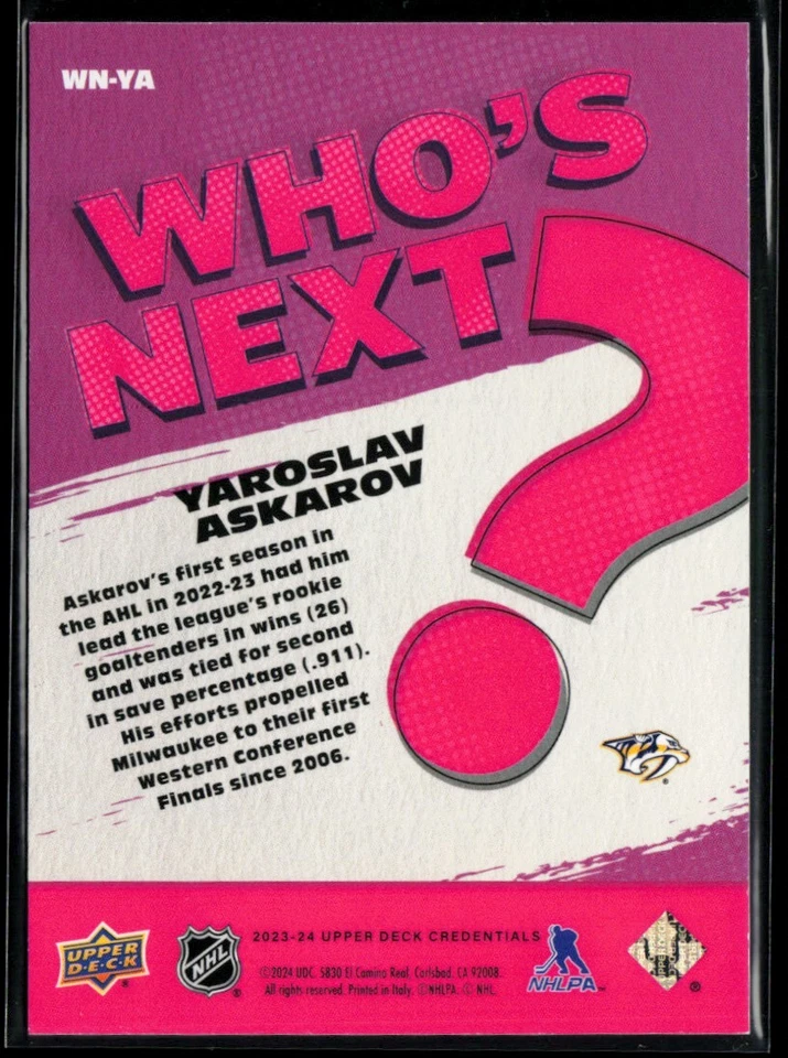 2023-24 Upper Deck Credentials Who's Next? #WN-YA Yaroslav Askarov RC - Image 2 of 2