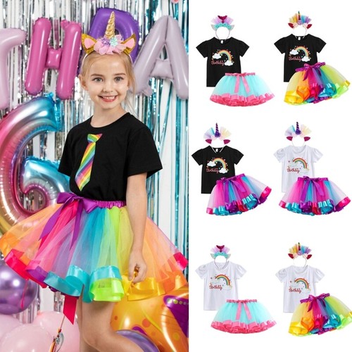 Licorne Girl Birthday Costume Outfits Rainbow Skirt,Licorne Horn Headband - Picture 2 of 26