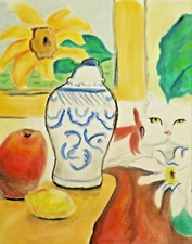 Art original painting drawing vase with fruit and cat kitty paper pastel signed