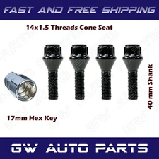 Set of 4 Black Wheel Bolt Lock Cone Seat with Key 40mm/1.55" Shank 14x1.5