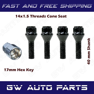 Set of 4 Black Wheel Bolt Lock Cone Seat with Key 40mm/1.55'' Shank 14x1.5