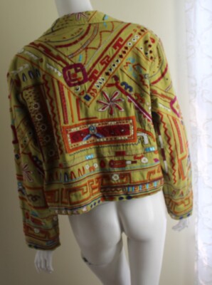 Chico's Sz 3 Xl GREEN Work-of-Art Cotton Twill Embroidered Boho Jacket Blazer