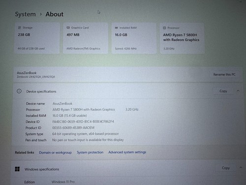 ASUS ZENBOOK 14 UM425QA-EH74 RYZEN 7 5800H 256GB 16GB RAM Win 11 Pro - Bild 2 von 9