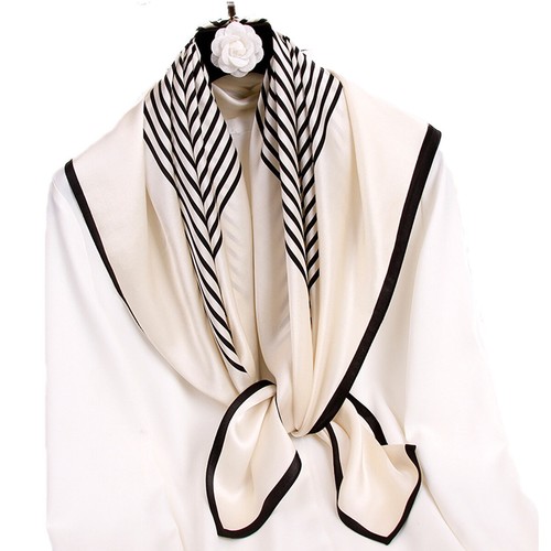 100% Silk Scarf Women Large Square Shawl Hair Wrap Striped Pattern 90CM - Picture 11 of 14