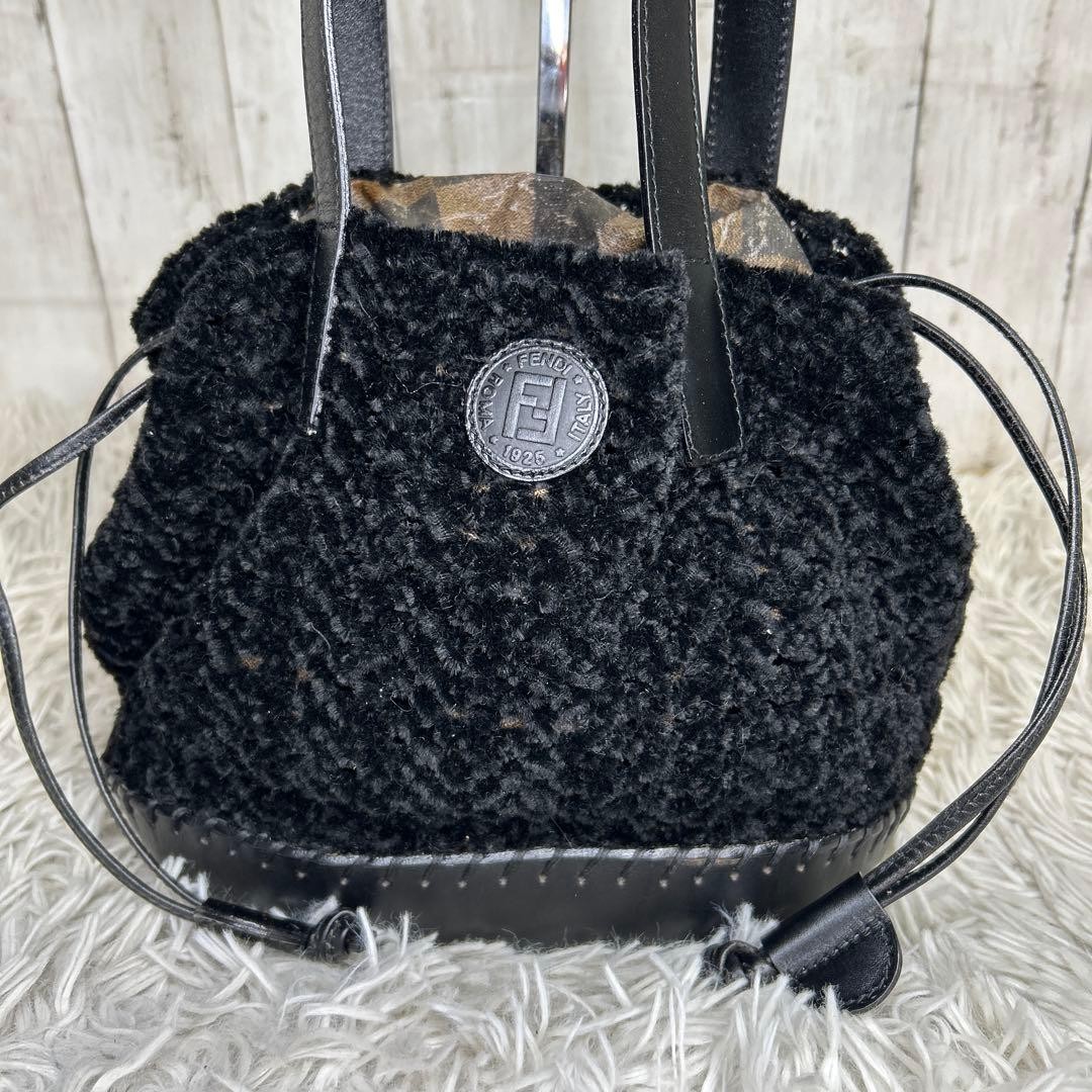 FENDI Drawstring Logo Pecans Shoulder Bag Tote Bag FF Black USED thumbnail 8