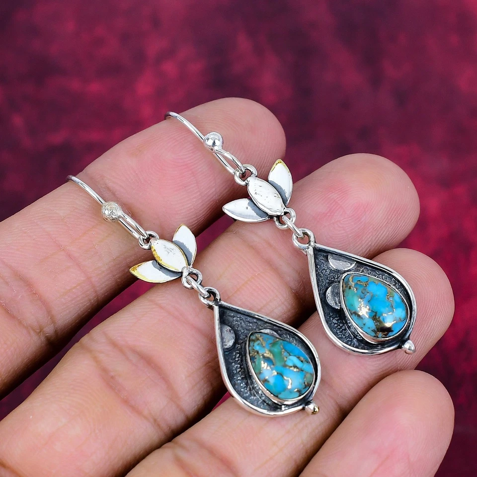 Pendientes de plata de ley 925 hechos a mano con piedras preciosas turquesa cobre azul joyería Foto 4 de 4