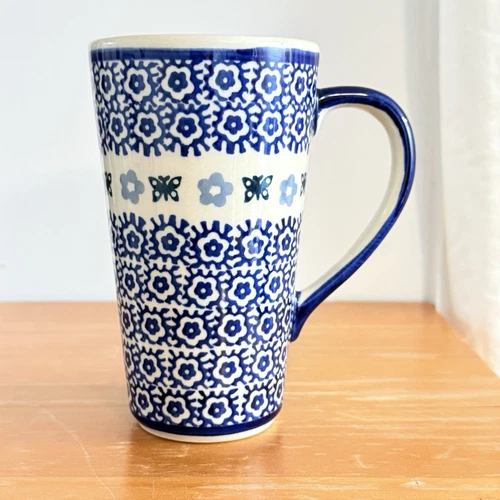 Polish Pottery Tall Cup 12oz Coffee Mug Blue Butterfly Floral Boleslawiec