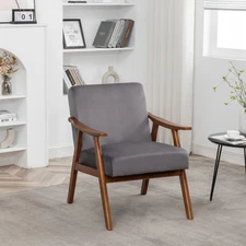 Grey Velvet Accent Chair Mid-Century Modern Solid Wood Frame