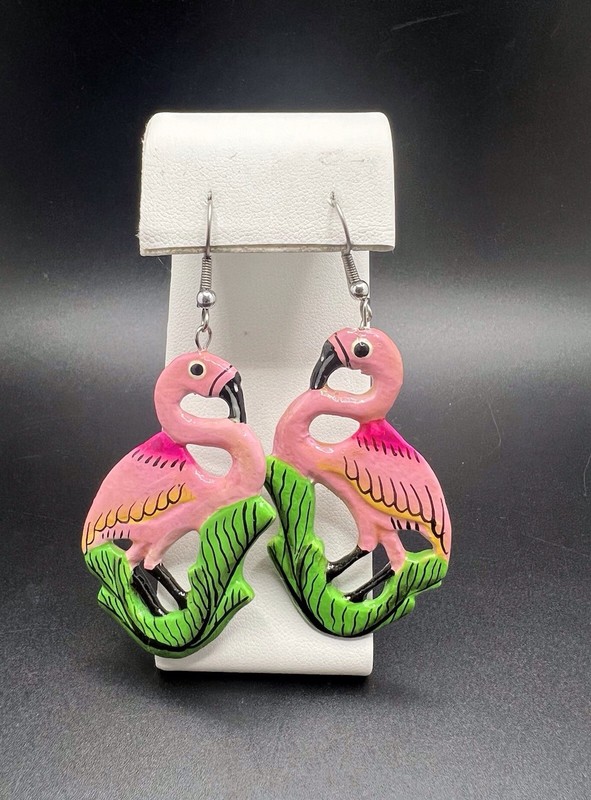 Vintage Hand Painted Wooden Flamingo Dangle Earrings Silver Tone Wires 3”Length