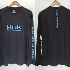 HUK Shirt Fishing Pursuit Performance Crew Long Sleeve Black Blue Large New