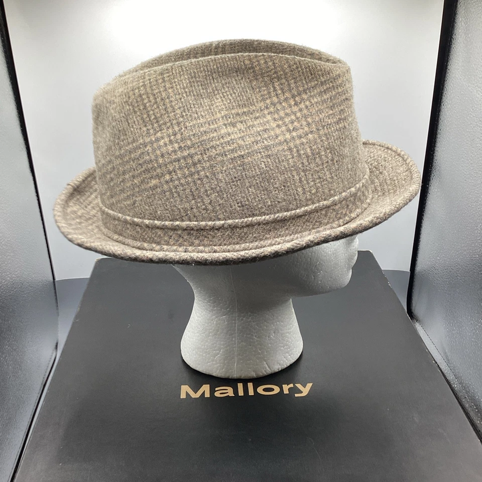 Dobbs Fifth Avenue Fedora Hat 7 3/8 Beige Tweed Wool Plaid Feather W Mallory Box - Image 4 of 4