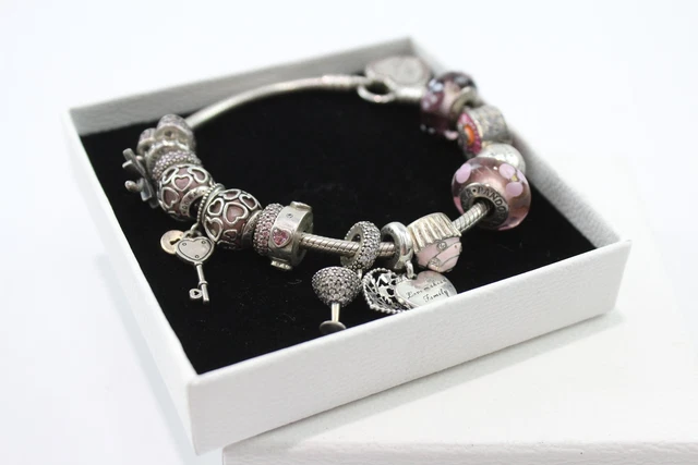 6 Pandora Sterling Silver Charm Bracelet w/ Charms Glass Enamel Heart (54g)
