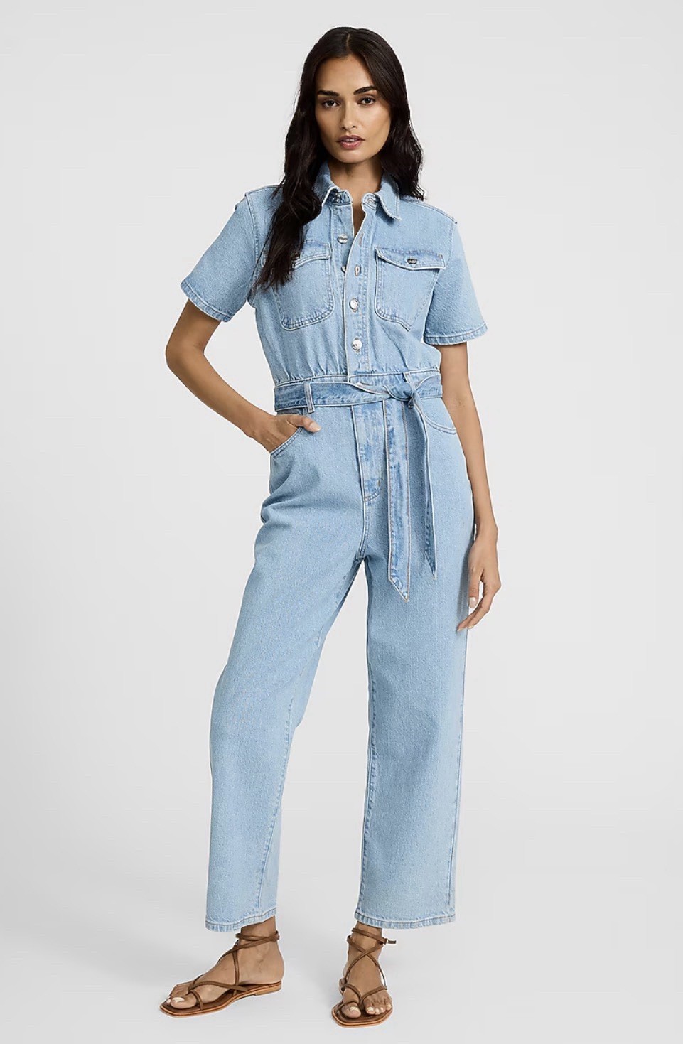 Express Blue Light Wash Short Sleeve Straight Leg Belted Denim Jumpsuit L NWT