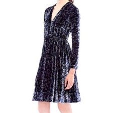 Rebecca Taylor Liane Long Sleeve Velvet Velour Party Blue VNECK Dress Size 0