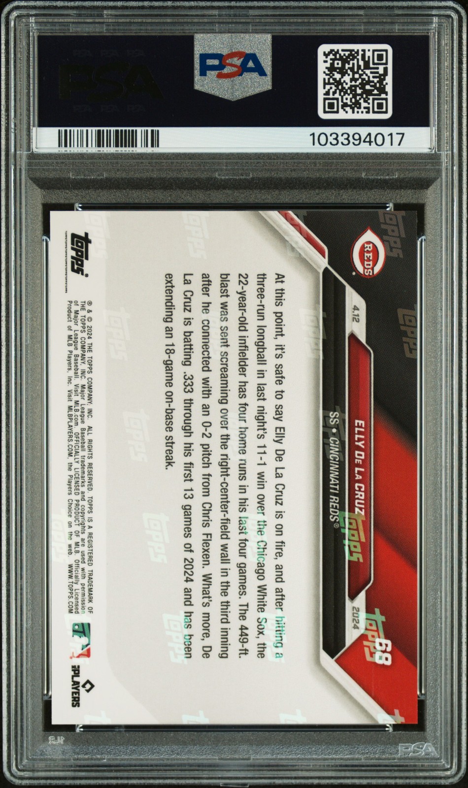 2024 TOPPS NOW #68 ELLY DE LA CRUZ ROOKIE RC PSA 10 view 2