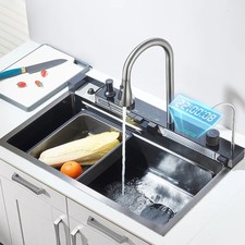 304 Stainless Steel Waterfall Kitchen Sink Large Single Slot Integrated Display