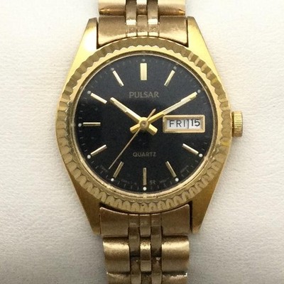 Vintage Pulsar Womens Watch 24mm Black Gold Tone Day Date V893-0010 New Battery