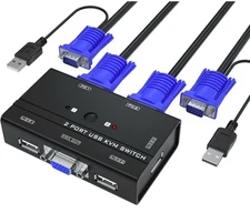 VGA KVM Switch 2 Port USB VGA KVM Switch w/2 KVM Cables & 3 USB Hubs for 2 Co...