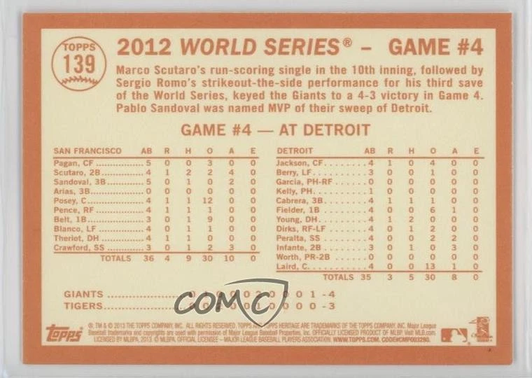 2013 Topps Heritage World Series San Francisco Giants Sergio Romo Buster Posey - Image 2 of 2