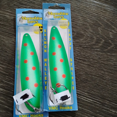 Moonshine Lures 4-1/2'' Magnum Spoons green pox Qty. 2 USA made