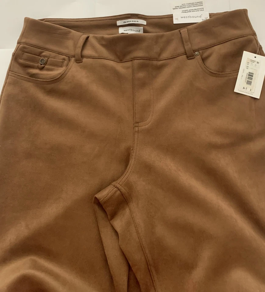 NUEVO Mujer Talla 16R Westbound Tiro Alto Ajustado 5 Bolsillos Gamuza Pantalones Coñac $49 Foto 4 de 4