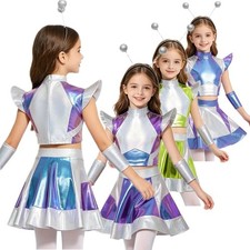 US YiZYiF girls Alien Costume Cap Sleeve Glossy Top Skirt Oversleeves Hair Hoop