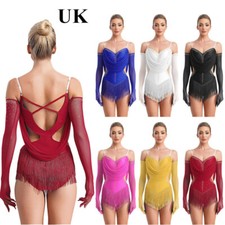 Womens Dance Leotard Glittery Rhinestones Cutout Fringed  Bodysuit with AU