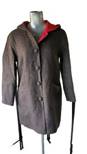Peruvian Alpaca Wool Coat Grey Red Hooded Ladies Size Large Toggle Buttons Warm