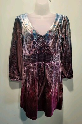 One World Teal Purple Velour Long Sleeve Mini Dress Peacock Sz S Fairy  Whimsy | eBay