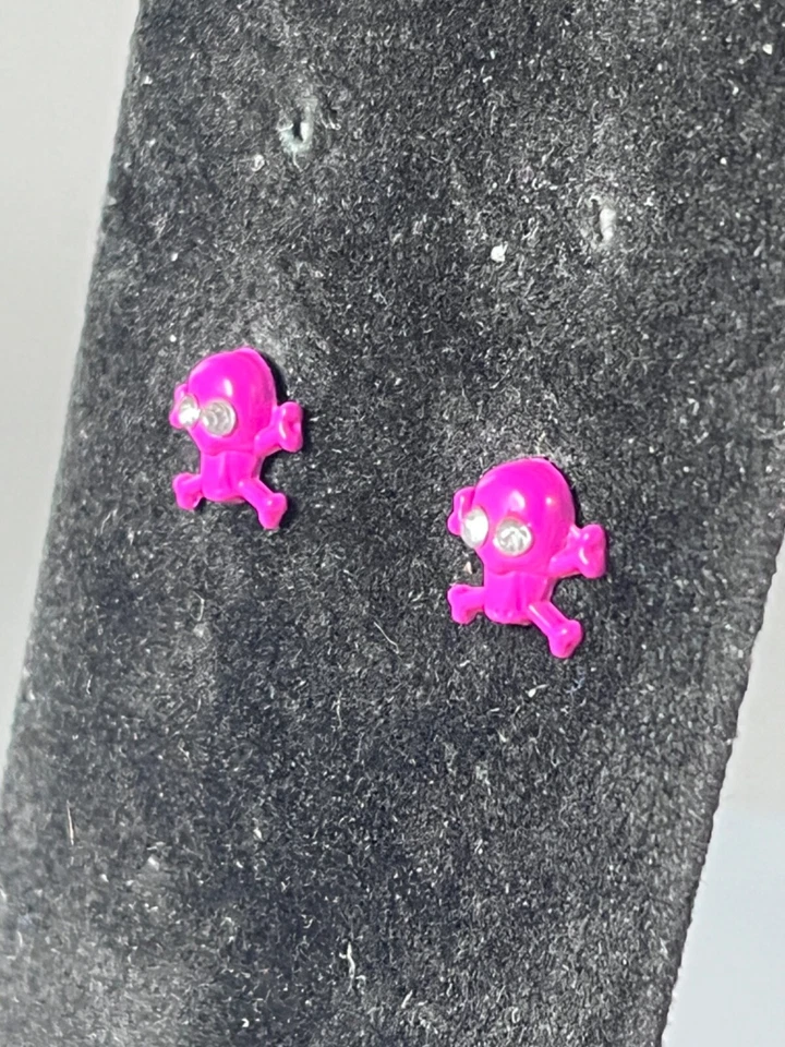 Studded Skull Cross Bone Earrings Pink Retro Mid Century Modern Boho Pierce 0.5" - Image 3 of 4