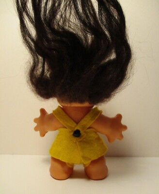 VINTAGE THOMAS DAM TROLL DOLL 5 INCH YELLOW FELT OUTFIT BROWN HAIR