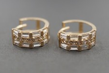 14K Solid Yellow Gold Baguette With Round CZ 5.5MM Small Huggie Hoop Earring.