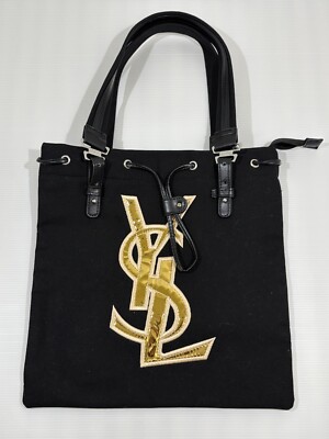 Yves Saint Laurent トートバッグ ブラック ゴールド ロゴ Yves Saint Laurent Black Tote Bag Handbag Canvas Cosmetics Gold