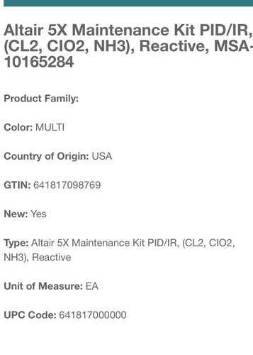 MSA 10165284, Altair 5X Maintenance Kit PID/IR, (CL2, CIO2, NH3), Reactive - Picture 3 of 5