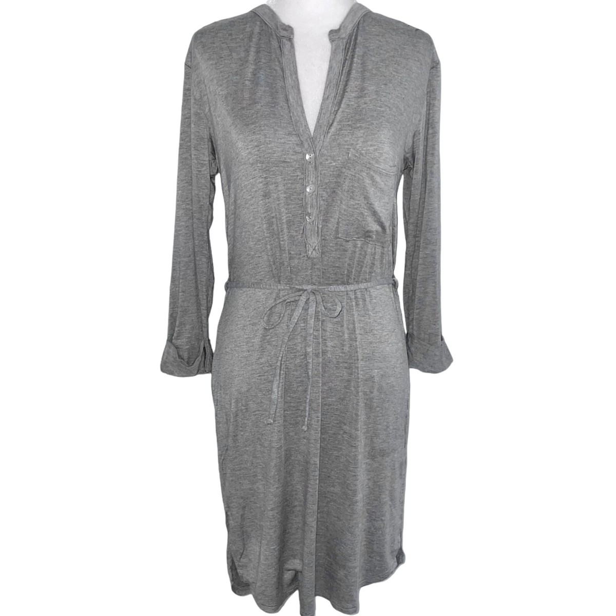 New LA Made Henley 3/4 Sleeve Tie Waist Jersey Knit Dress Heather Grey Size  XS