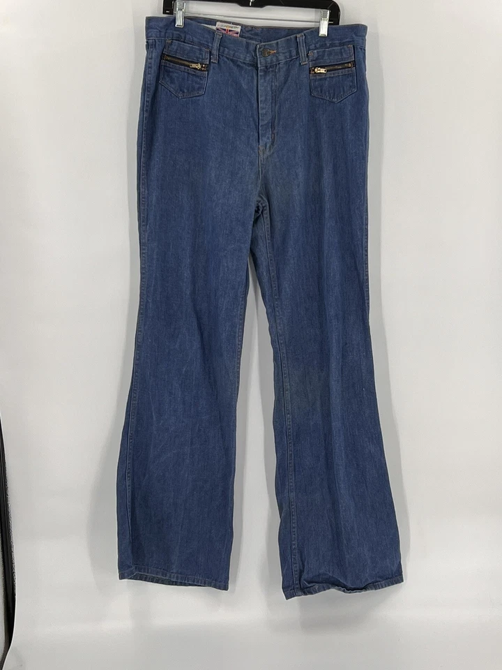 Jeans Vintage Royal Crown Azul Bolsillos con Cremallera Acampanados Pierna Ancha Talla 38 (37Wx35L) Foto 4 de 4