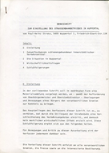 Denkschrift zur Einstellung des Straßenbahnbetriebes in Wuppertal 1976
