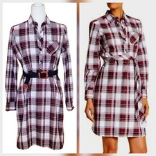 Foxcroft Nordstrom Shirtdress 100% Crisp Cotton Navy Burgundy Plaid Preppy New