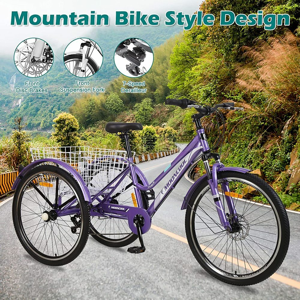 26 inch Adult Mountain Tricycle 7Speed 3Wheel Cruiser Trike Bike with Basket