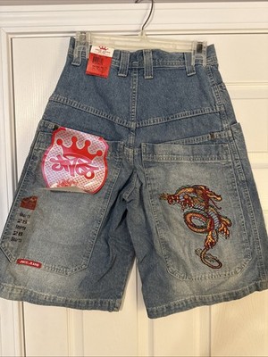 NEW Vintage JNCO Embroidered Dragon Jean Shorts Sz 28 Baggy Grail Y2K NWT Skater