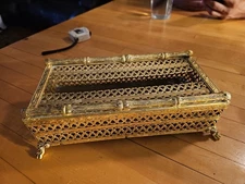 Vintage Gold Tone Tissue Box w/Claw Feet ,bamboo Hollywood Regency USA