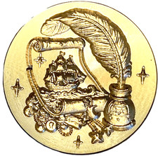 Treasure Hunt 1.2" diameter 3D wax seal stamp head, Ship, Quill Pen, Coins