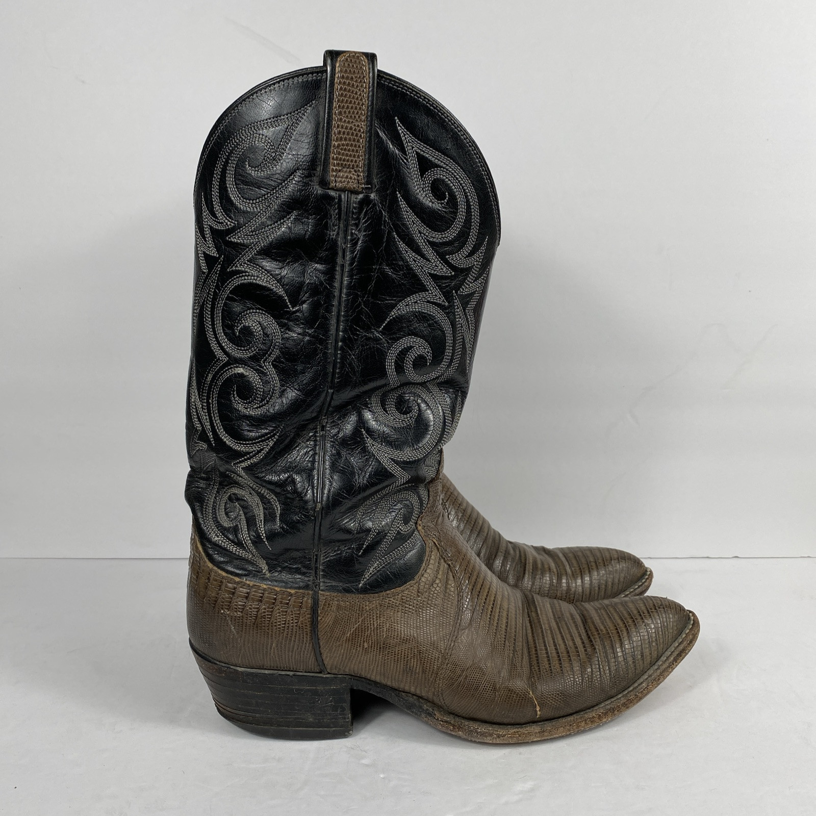 Dan Post Boots Men's 9.5 D Black Lizard Skin Leather Embroidered Cowboy Western