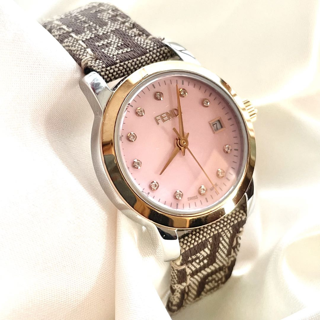 Fendi 2100L Analog Quartz Women Zucca Pink Shell 11P Diamond