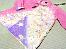 Japanese Antique Silk Kimono Aloha Shirt Long Sleeve XL Pink Sakura Purple