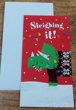SLEIGHING IT! Triceratops Money Holder Christmas Card 3.25