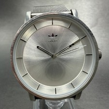 Adidas District M1 Watch Men Silver Dial Silver Tone Round Mesh Band New battery